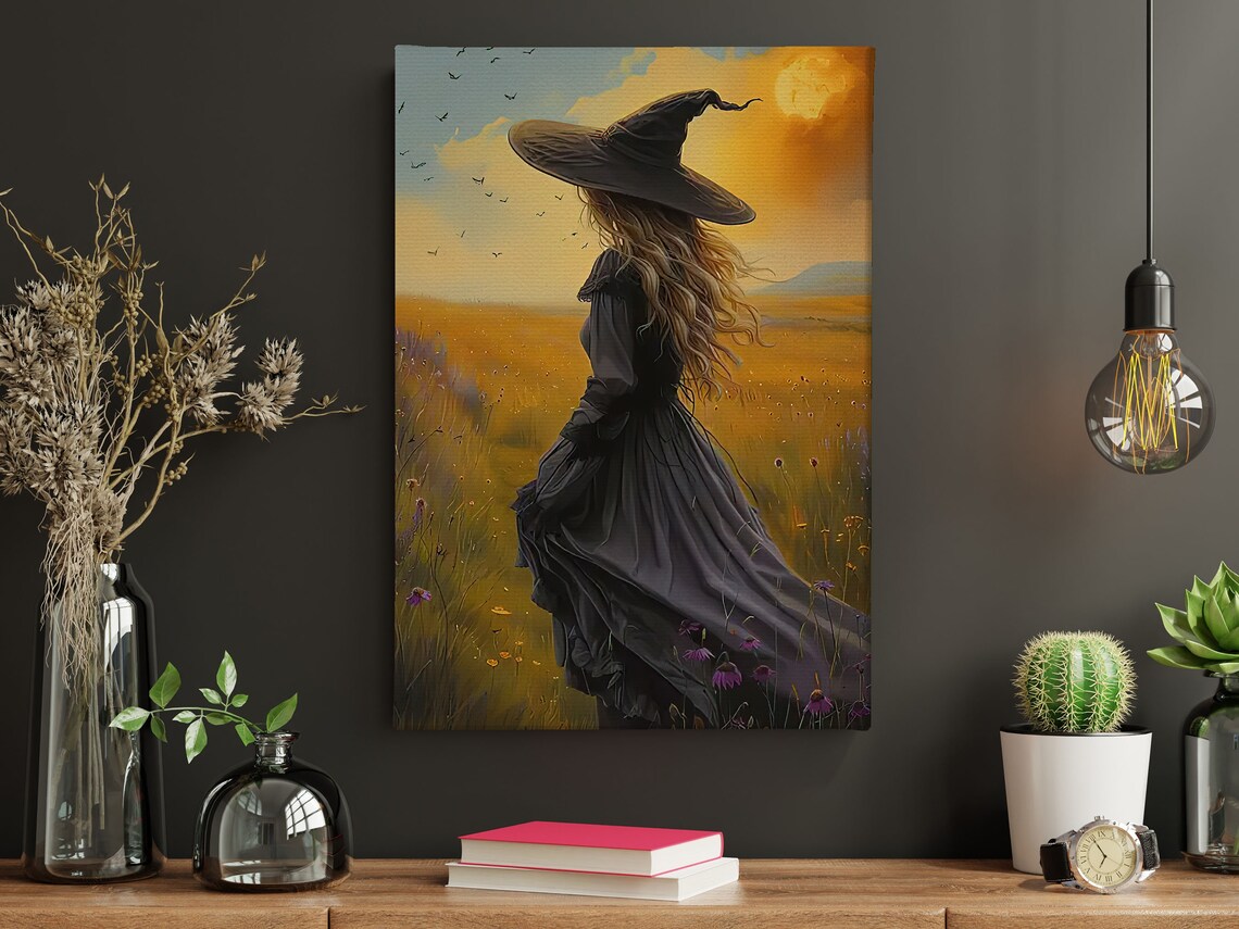 Witch In Golden Wildflower Meadow Sunset Back View Witchy Fantasy Poster - Image 4