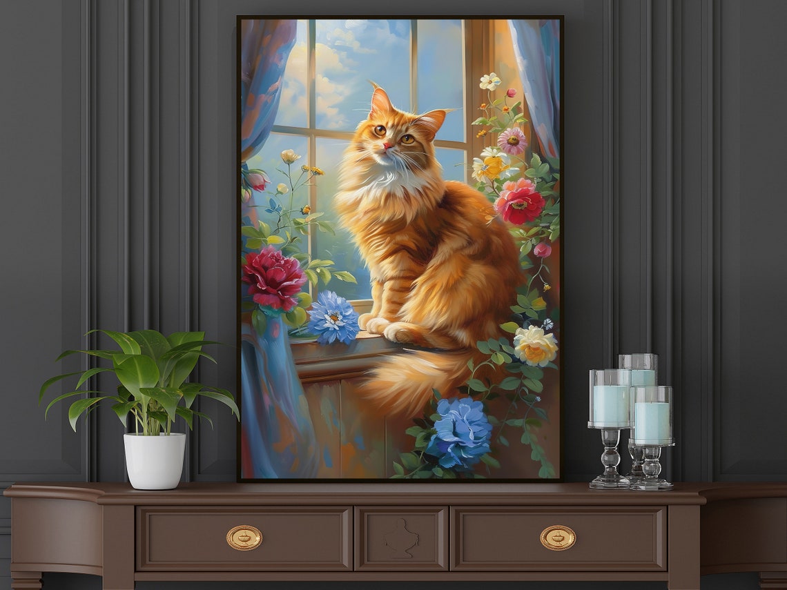 Fluffy Orange Cat On Flower Filled Windowsill Spring Window Poster - Image 3