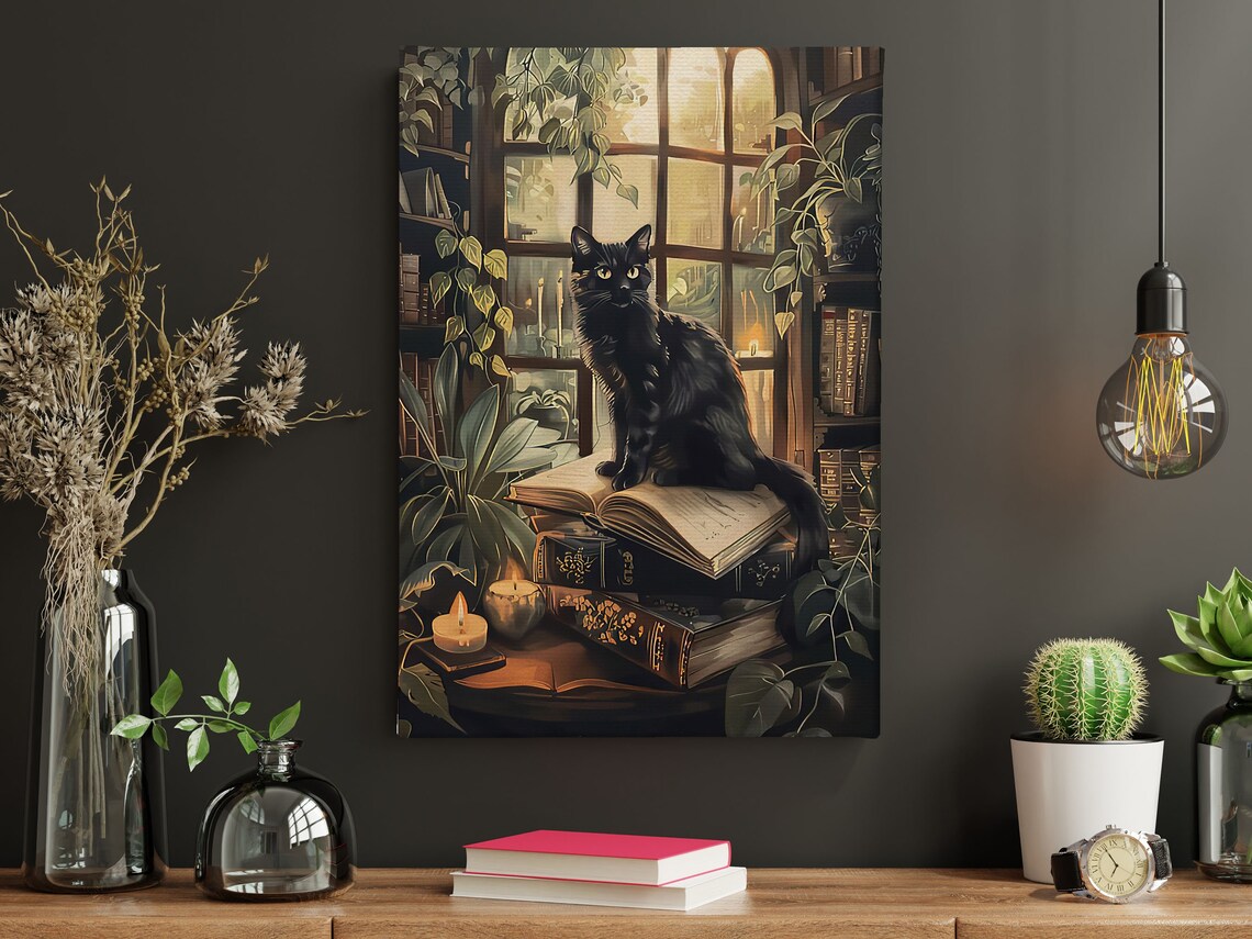 Vintage Black Cat and Books, Cottage Cat Art Print - Image 3