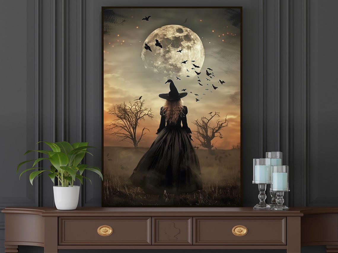 Witch In Field Under Full Moon With Bats Spooky Halloween Art Print - Image 4