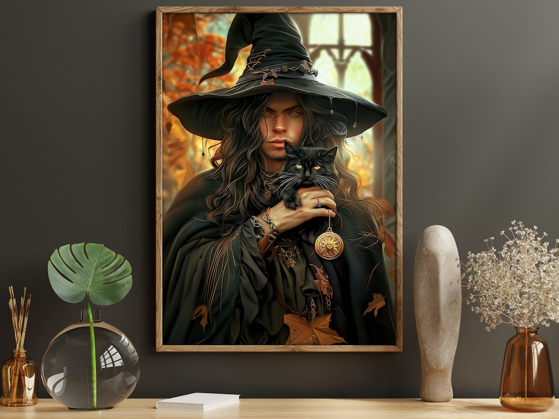 Dark Witch Black Cat Autumn Leaves Gothic Portrait Witchy Halloween Art Print