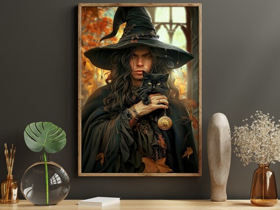 Dark Witch Black Cat Autumn Leaves Gothic Portrait Witchy Halloween Art Print