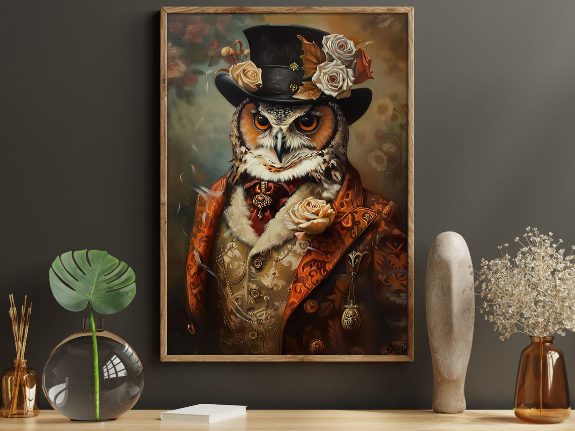 Gentleman Owl Top Hat Steampunk Victorian Portrait Art Poster