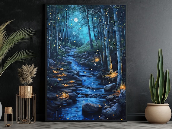 Vintage Forest At Night Painting Forest Art Print Landscape Print River Wall Art Landscape Print