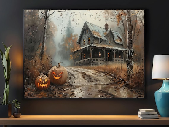 Haunted Old Farmhouse with Glowing Jack O Lanterns on Dirt Road Poster