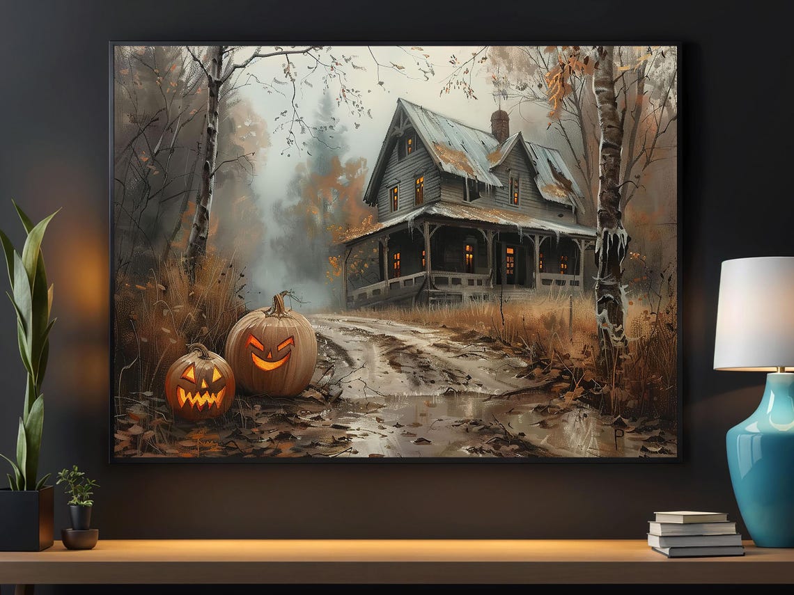 Haunted Old Farmhouse with Glowing Jack O Lanterns on Dirt Road Poster