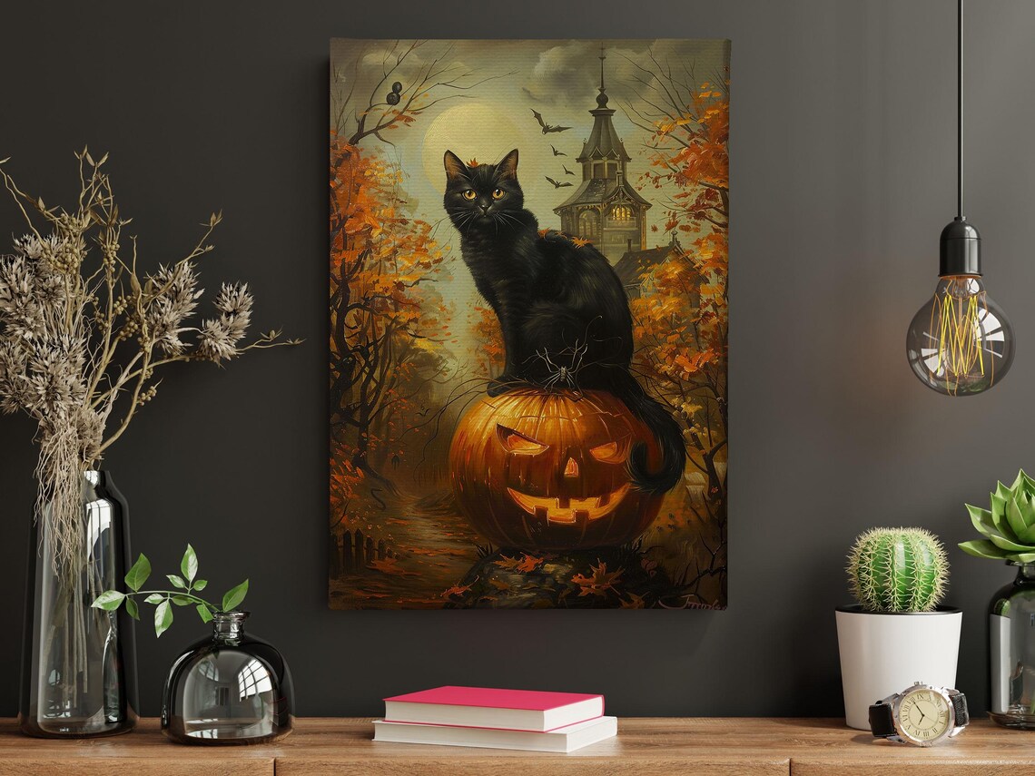 Vintage Black Cat and Pumpkin Halloween Poster - Image 6