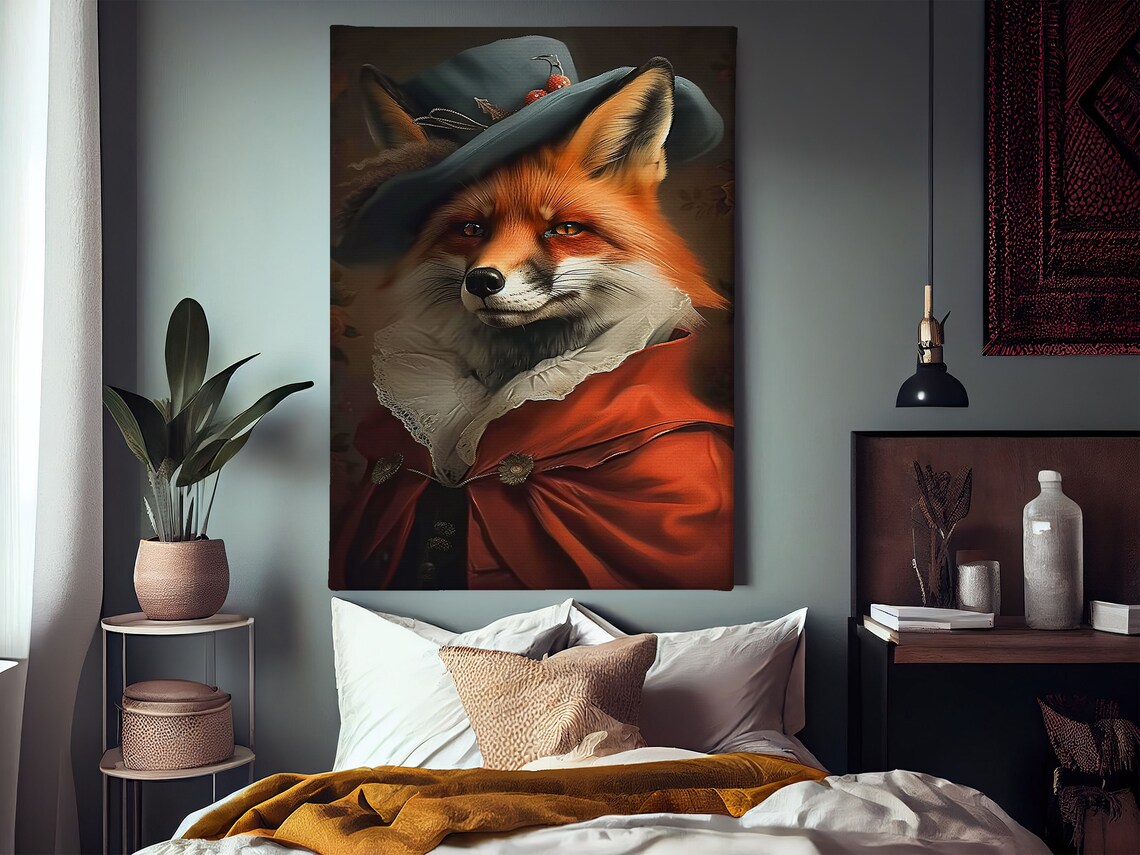 Fox Gentleman In Red Coat Hat With Cherries Vintage Portrait Wall Poster - Image 2