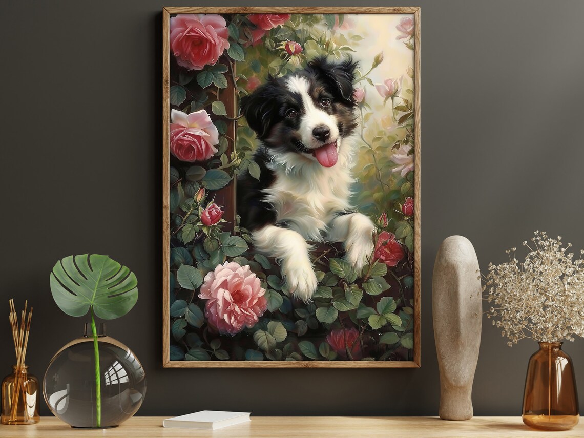 Happy Border Collie Puppy Among Pink Roses Playful Dog Wall Poster - Image 5