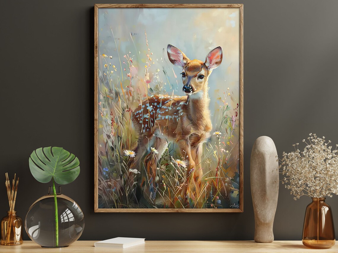 Vintage Deer In The Flowers Garden Art Print
