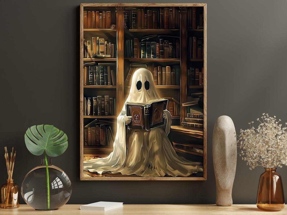Ghost Reading Book In Grand Library Cozy Spooky Halloween Art Print - Image 6