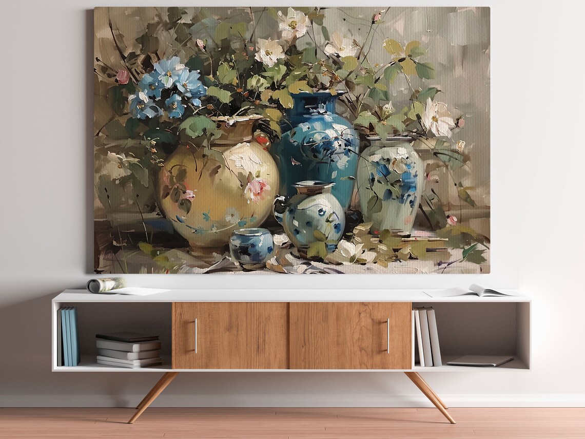 Blue And Cream Ceramic Vases With White Wildflowers Still Life Poster - Image 2