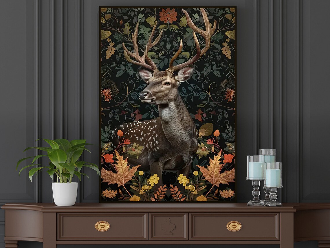 Spotted Stag With Majestic Antlers In Dark Botanical Forest Art Poster - Image 5