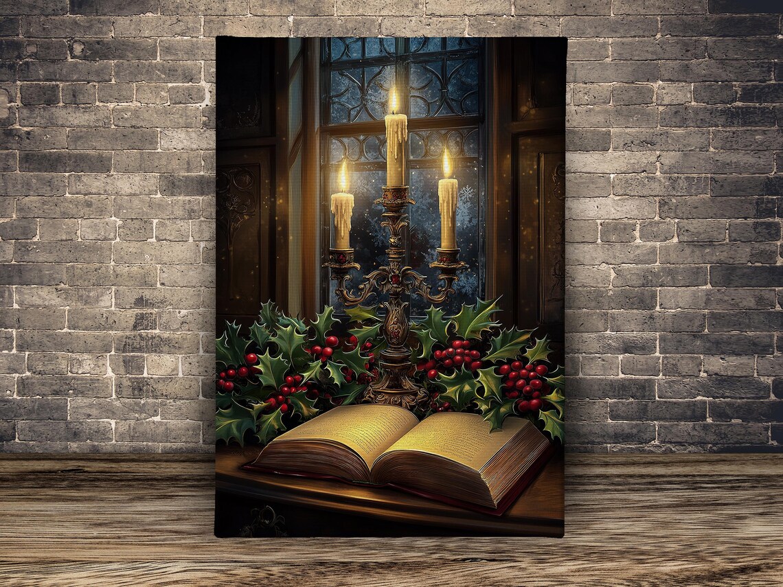 Vintage Xmas Candle Painting, Cozy Christmas Poster - Image 2