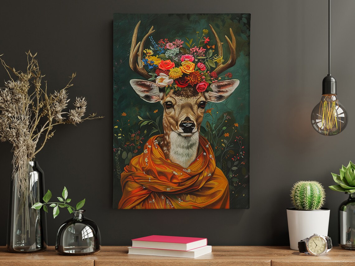 Deer With Flower Crown Orange Shawl Antlers Maximalist Floral Art Poster - Image 4