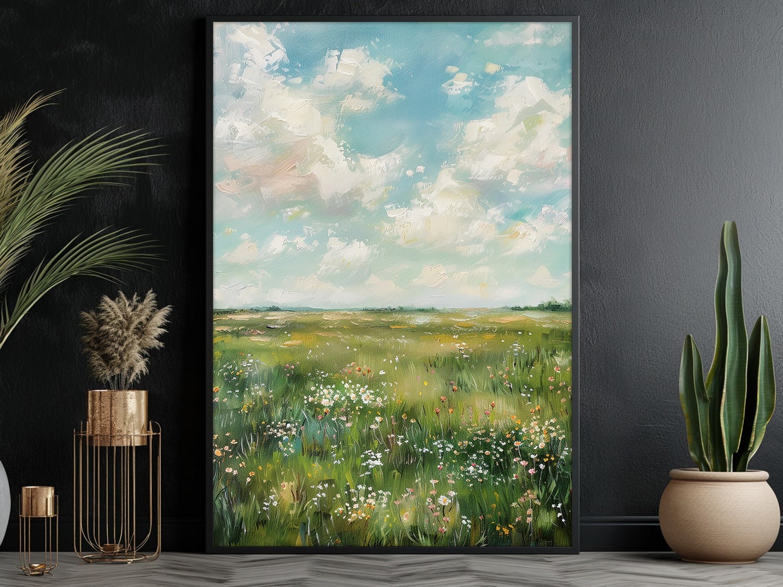 Summer Wildflower Meadow Under Big Clouds Impressionist Scenery Poster - Image 3