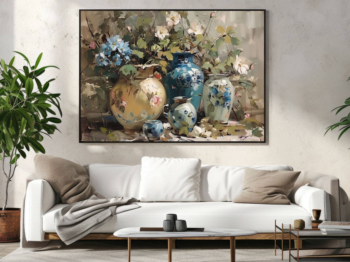 Blue And Cream Ceramic Vases With White Wildflowers Still Life Poster - Image 4