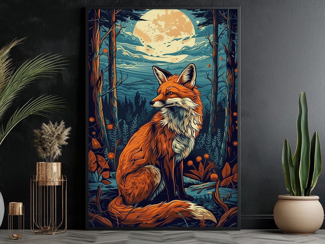 Red Fox Sitting In Moonlit Forest Full Moon Stylized Illustration Wall Poster - Image 2