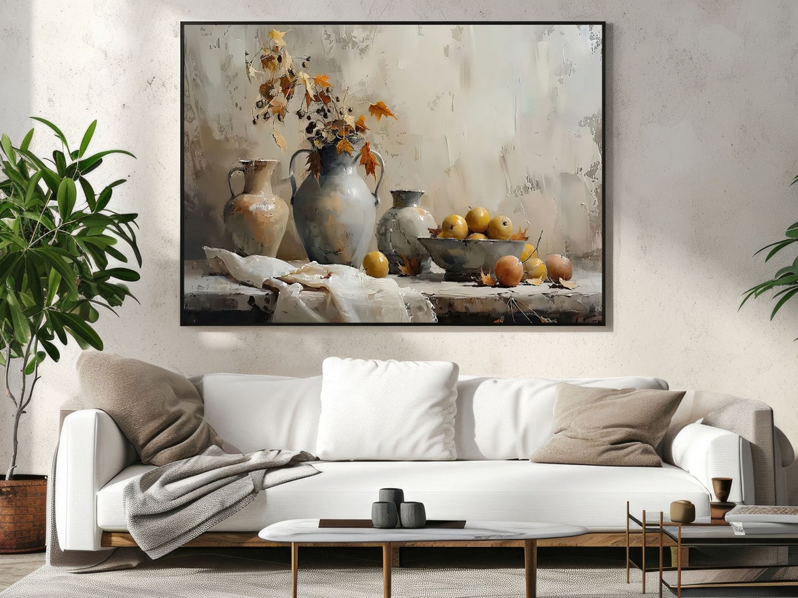 Autumn Still Life With Vases Yellow Pears Fall Leaves Muted Art Poster - Image 4