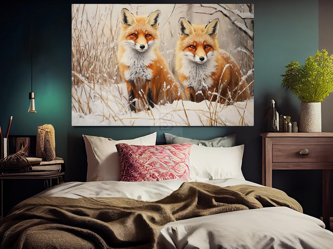 Two Red Foxes Standing In Snowy Winter Grass Wildlife Pair Painting Wall Art - Image 4