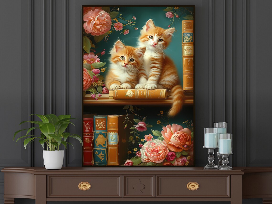 Two Orange Kittens On Bookshelf With Books And Roses Cat Wall Poster - Image 4