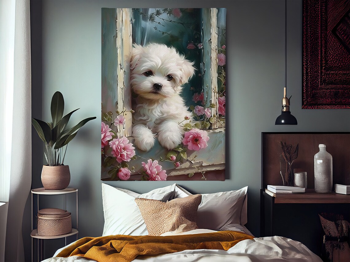 Cute Dog On The Window Oil Painting, Floral Print - Image 4