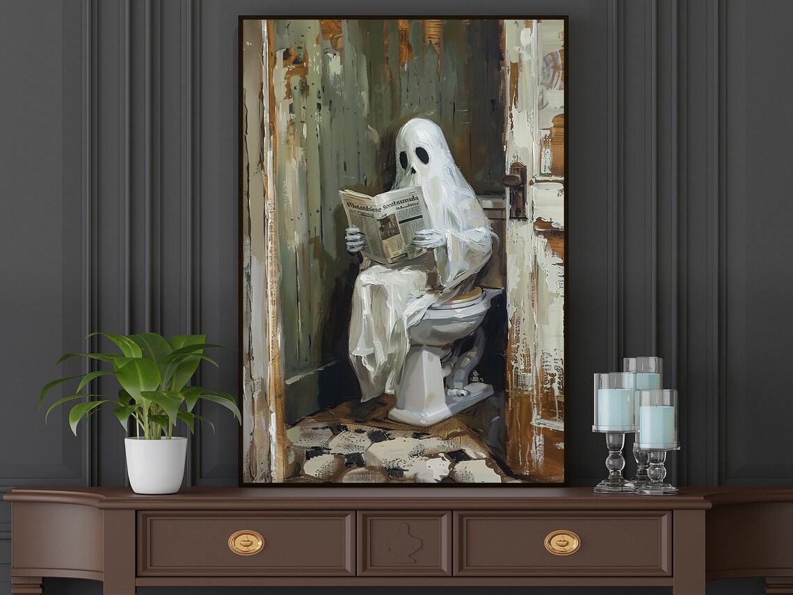 Funny Ghost Reading Newspaper On Toilet Vintage Halloween Bathroom Poster - Image 5