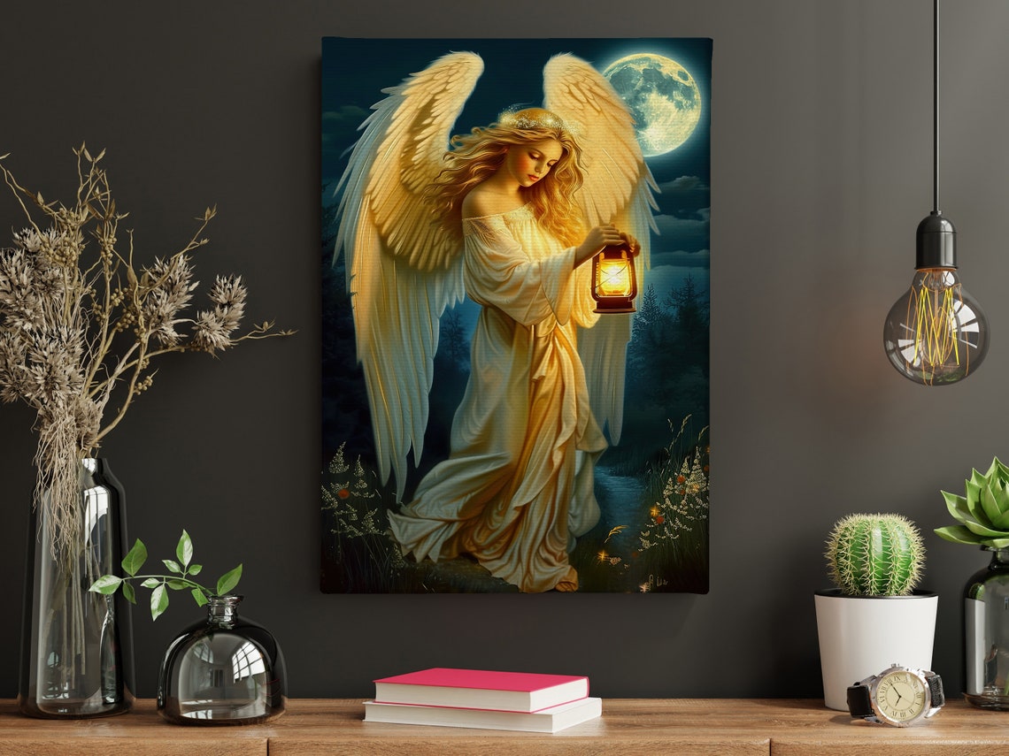 Golden Angel Holding Lantern Under Full Moon Night Guardian Poster - Image 4