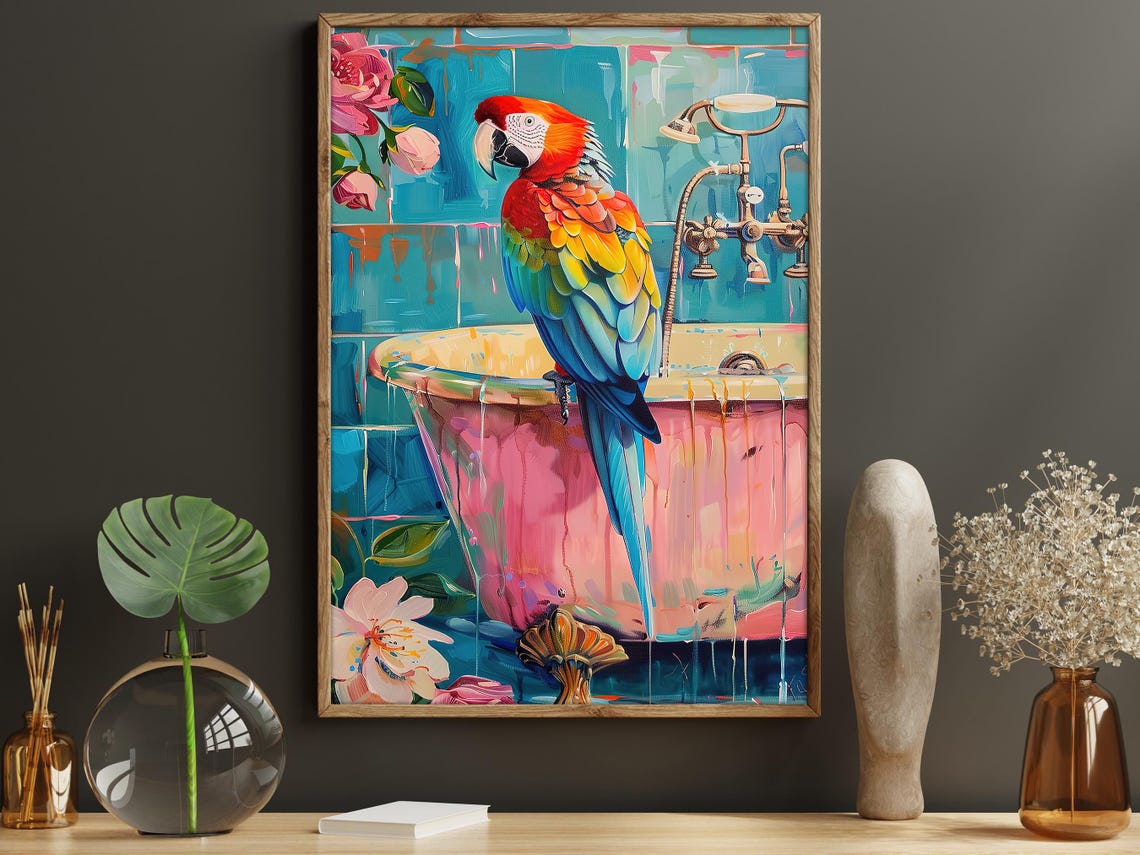 Scarlet Macaw Parrot On Pink Bathtub Tropical Bathroom Art Print