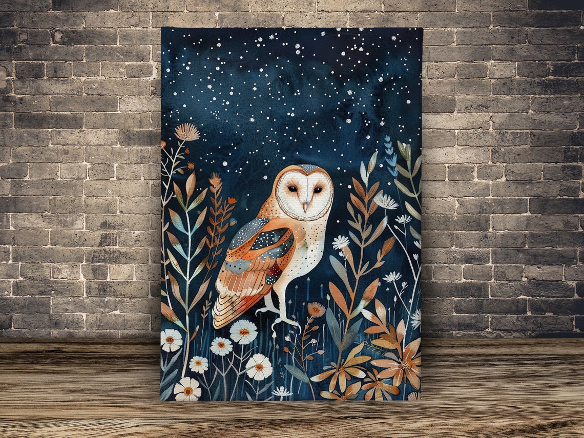 Barn Owl Starry Night Wildflower Meadow Celestial Art Poster - Image 2