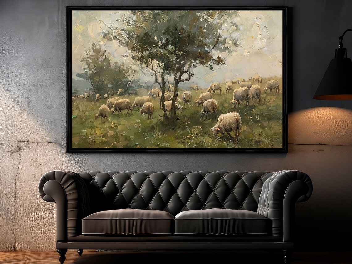 Vintage Sheep in the Field Oil Painting Art Print - Image 3