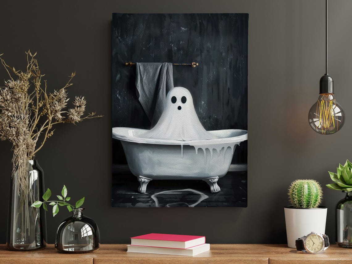 Surprised Ghost In White Bathtub Dark Funny Halloween Art Poster - Image 3