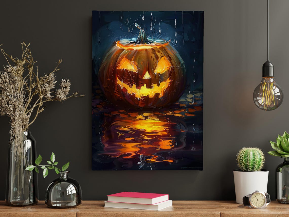 Glowing Jack O Lantern In Rain Spooky Halloween Pumpkin Art Poster - Image 4