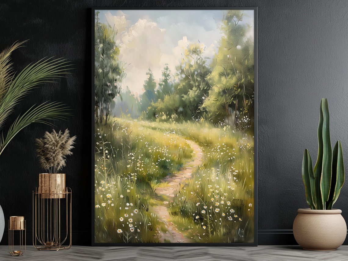 Sunlit Country Path Through Wildflower Meadow Cottage Landscape Poster - Image 3