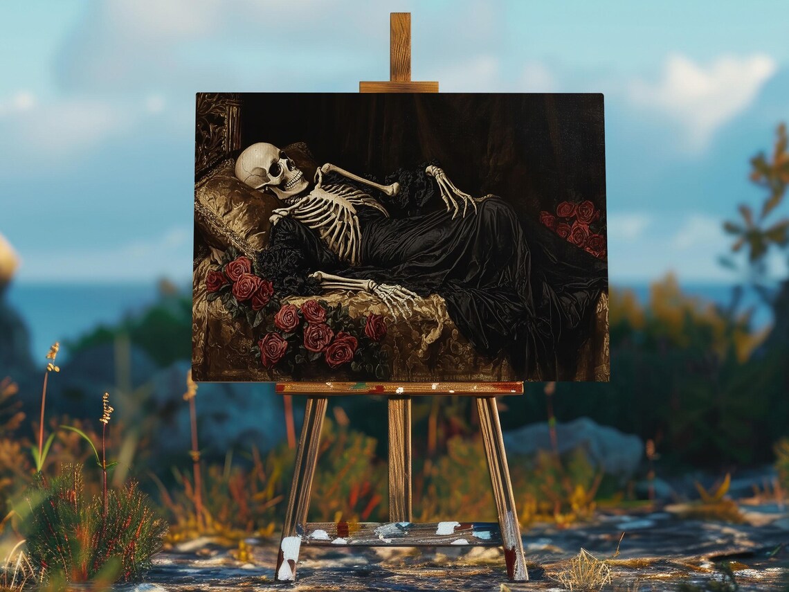 Victorian Skeleton Reclining On Sofa Red Roses Dark Gothic Oil Painting Poster - Image 2