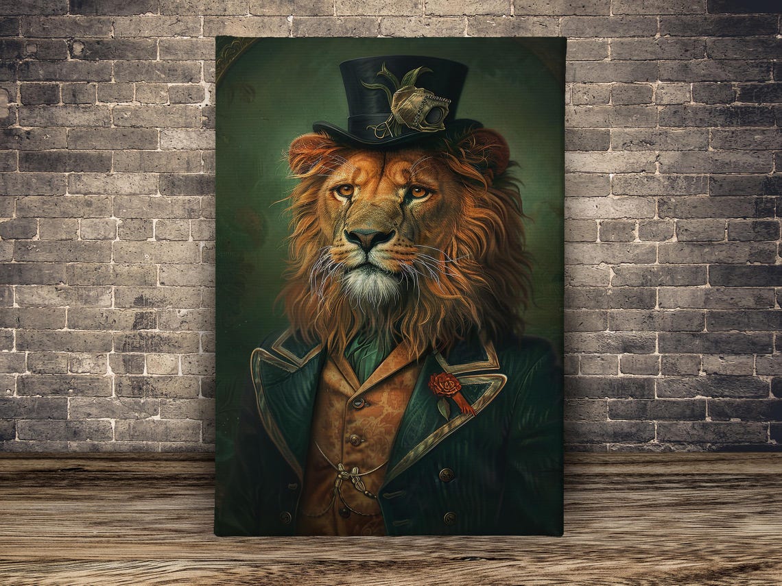 Gothic Gentleman Lion Portrait In Top Hat Vintage Style Art Poster - Image 2