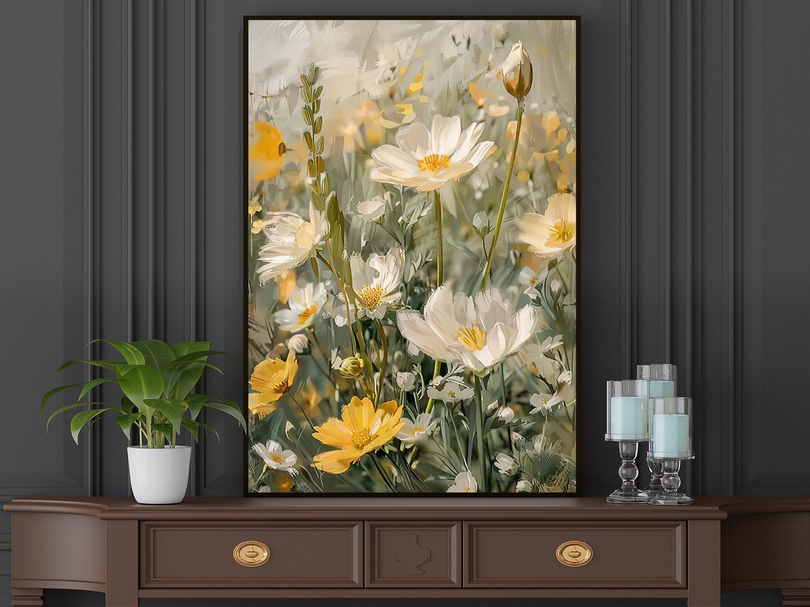 White Cosmos Flowers Soft Yellow Botanical Oil Painting Poster - Image 5