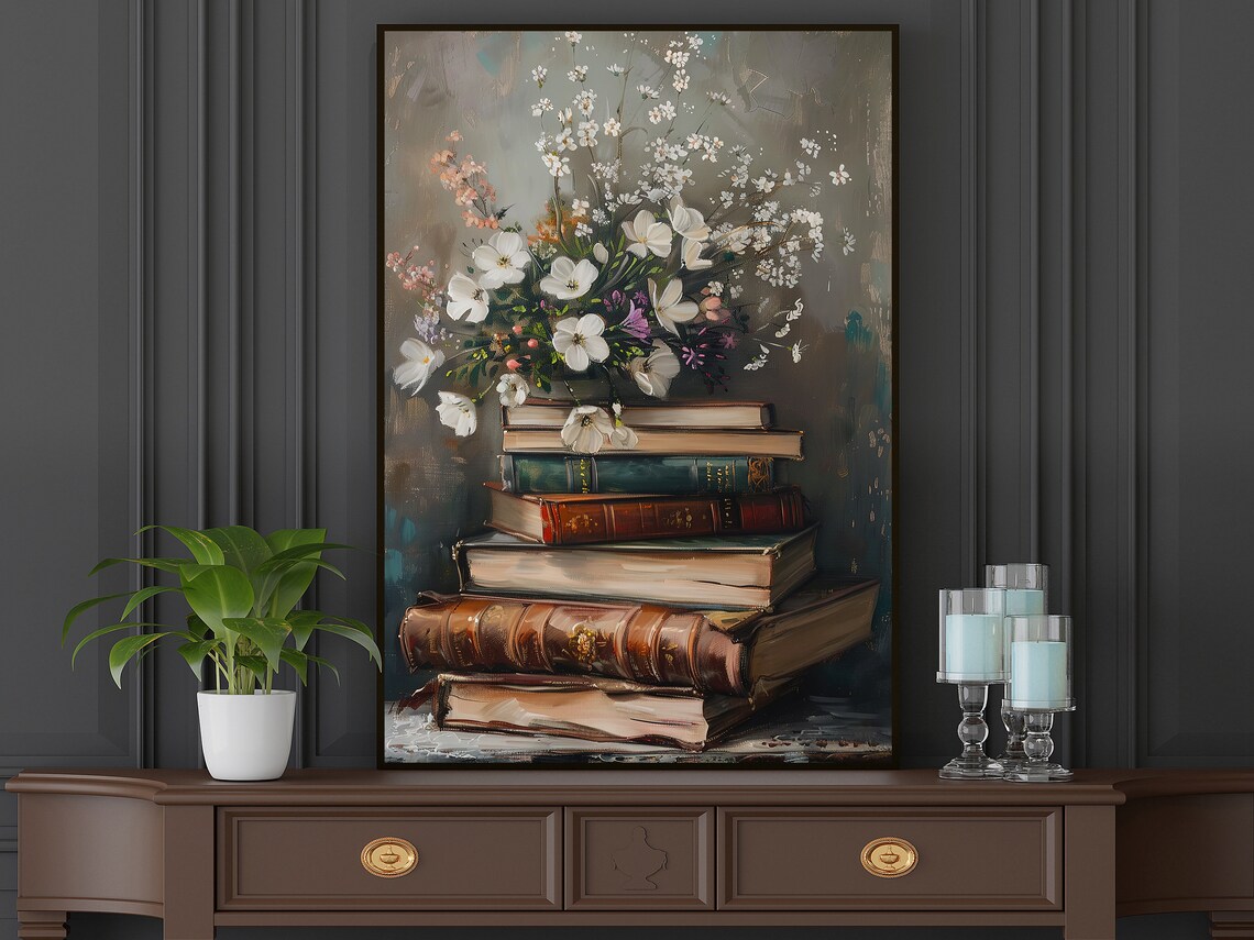 White Wildflowers On Stack Of Vintage Books Moody Library Art Poster - Image 5