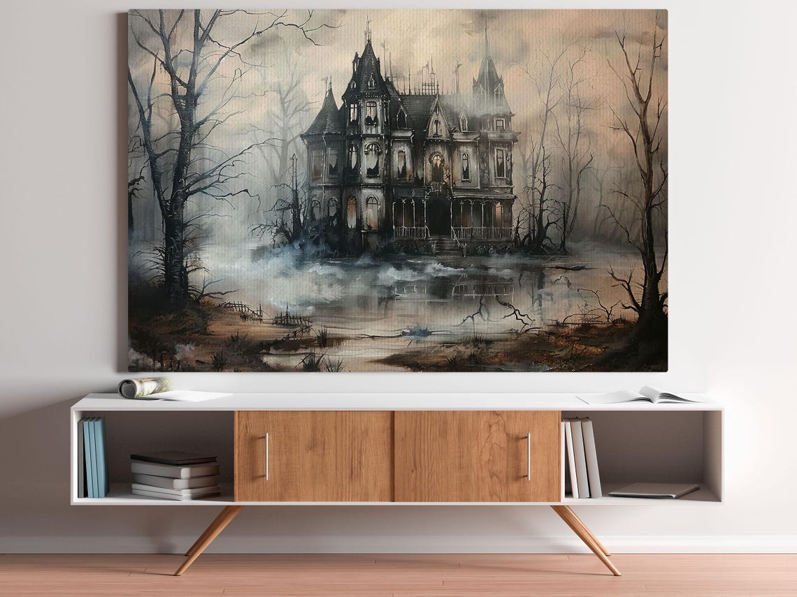 Foggy Haunted Mansion Among Bare Trees Gray Spooky Halloween Print - Image 4