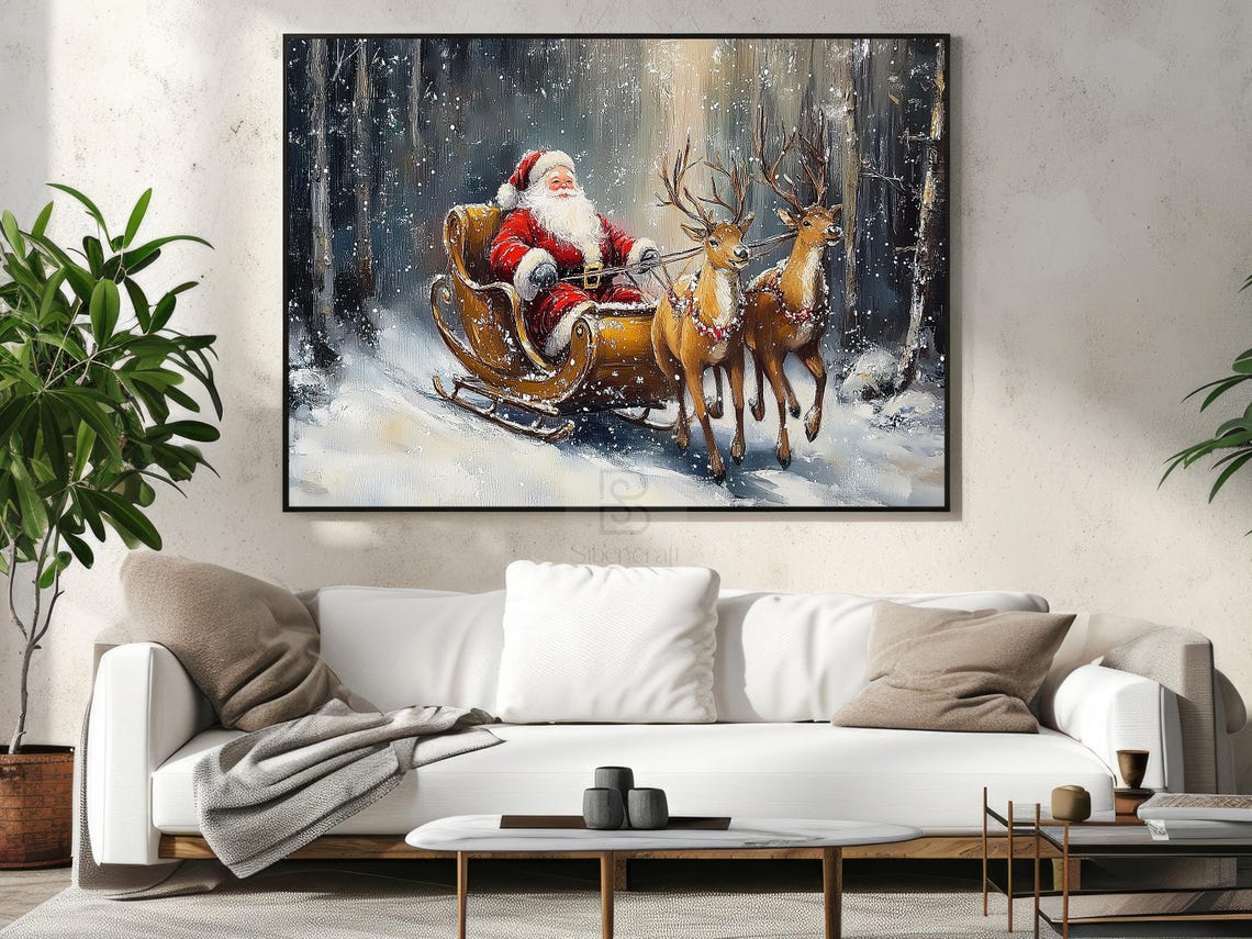 Vintage Santas Sleigh Painting Warm Santa Season Cottage Santa Claus Poster Print Christmas Wall Art Cozy Christmas Decor - Image 4