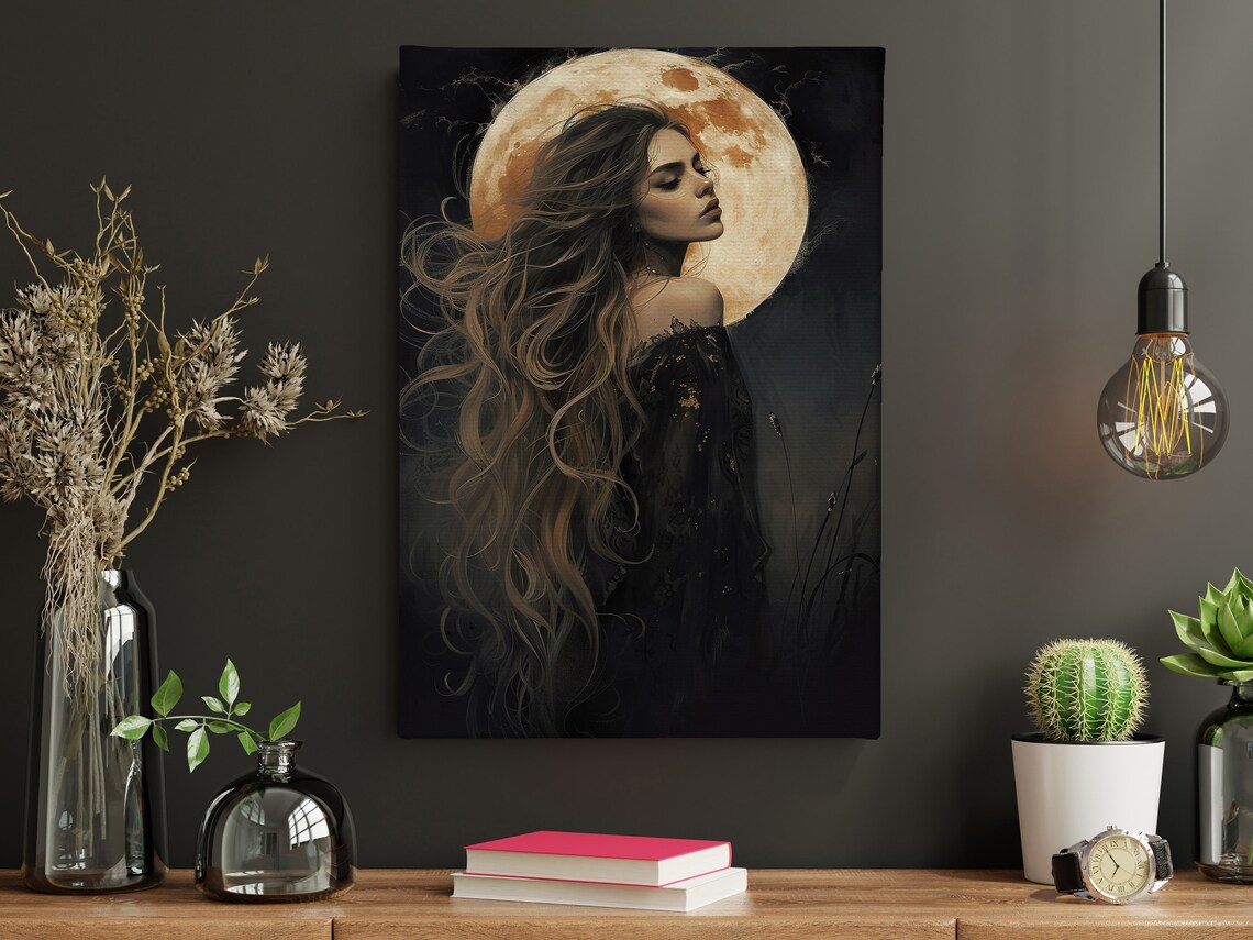 Dark Beauty Before Giant Full Moon Night Fantasy Woman Art Poster - Image 4
