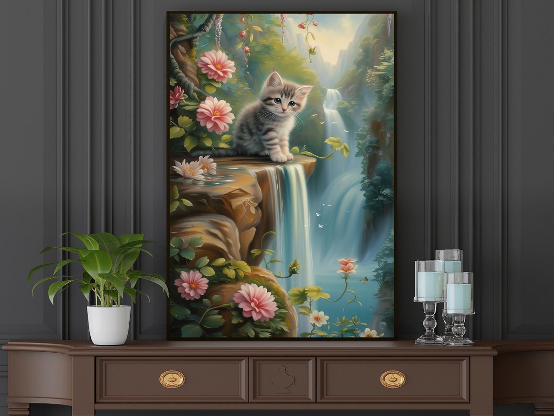 Tiny Kitten At Waterfall Edge In Magical Forest Cat Fantasy Poster - Image 5