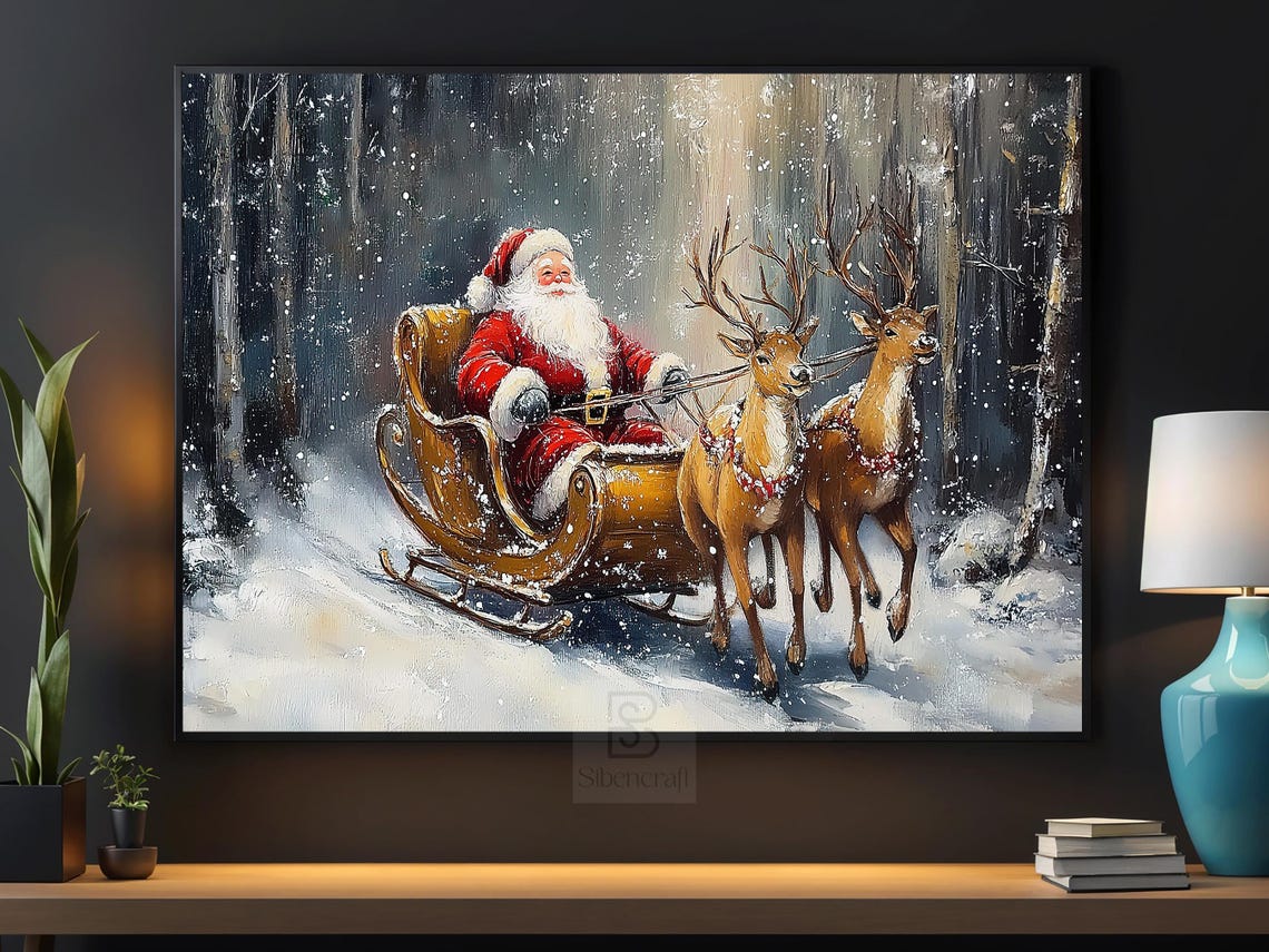 Vintage Santas Sleigh Painting Warm Santa Season Cottage Santa Claus Poster Print Christmas Wall Art Cozy Christmas Decor