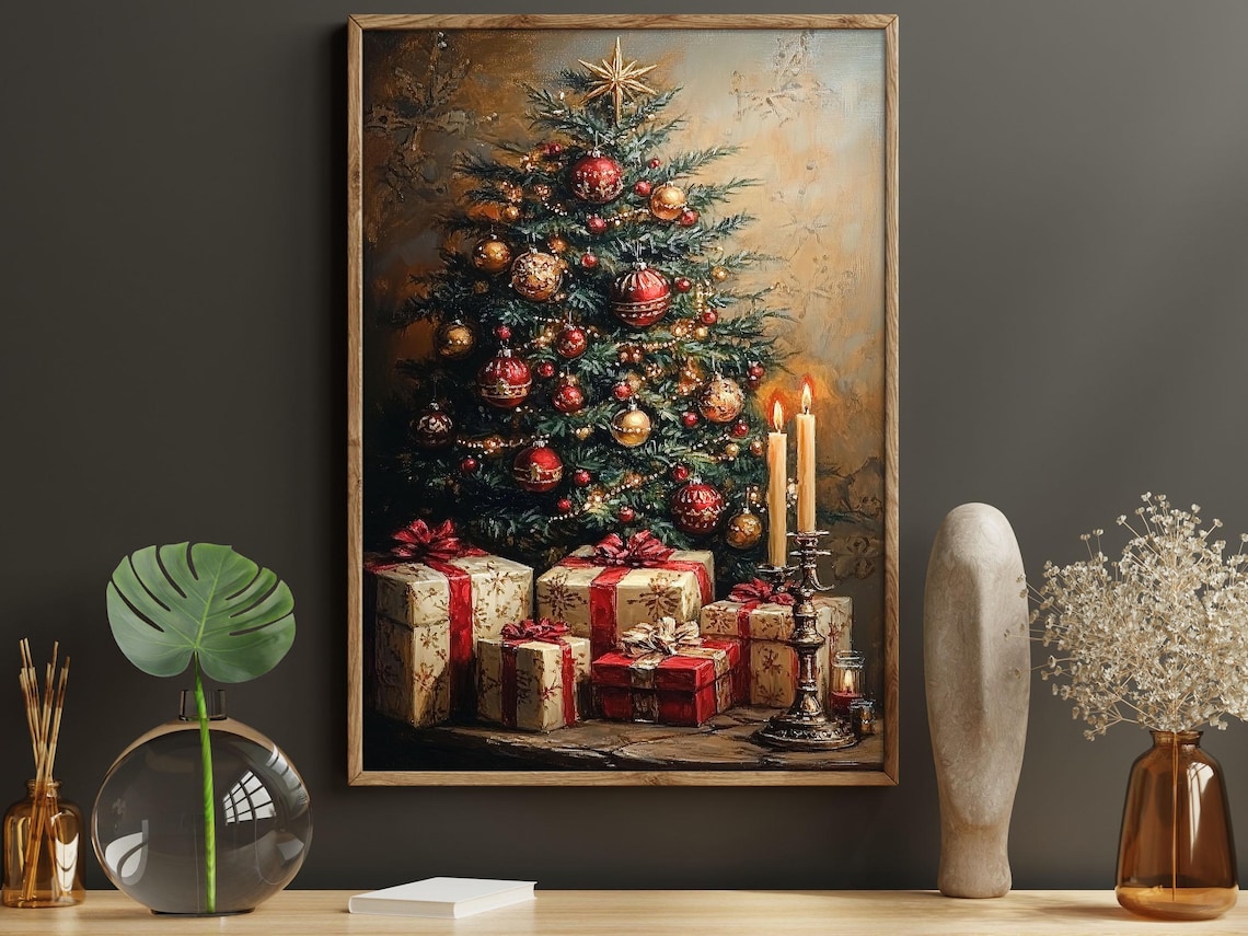 Vintage Christmas Tree Holiday Poster, Cozy Decor
