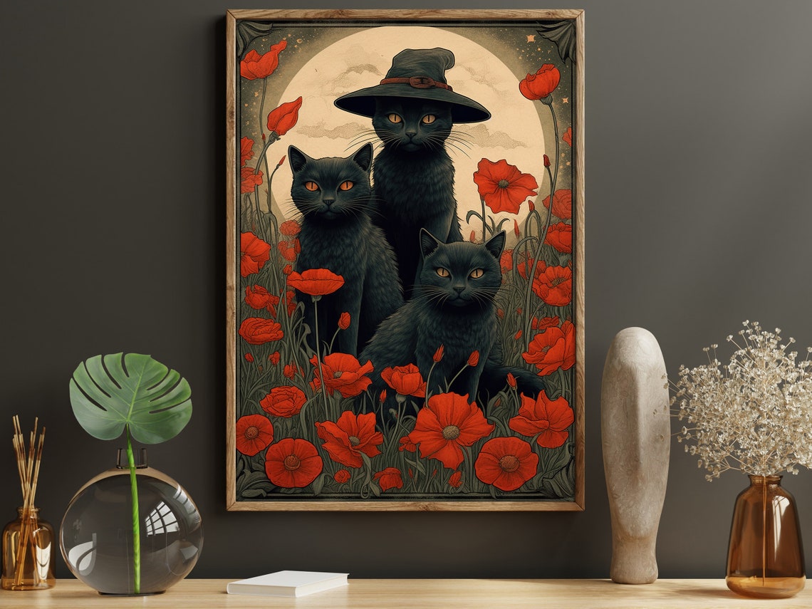 Three Black Cats In Red Poppy Field With Full Moon Halloween Poster