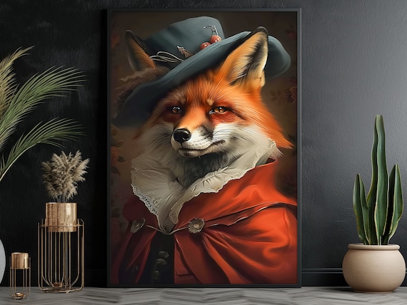 Fox Gentleman In Red Coat Hat With Cherries Vintage Portrait Wall Poster