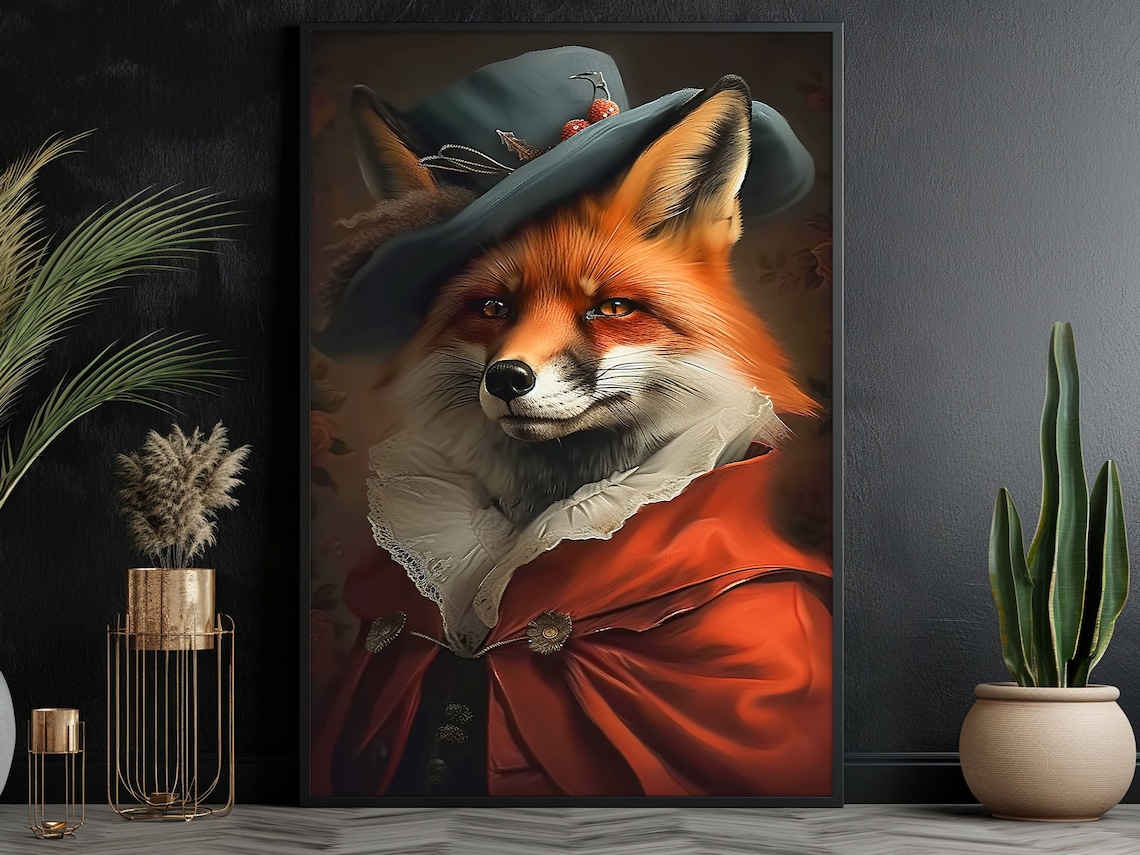 Fox Gentleman In Red Coat Hat With Cherries Vintage Portrait Wall Poster