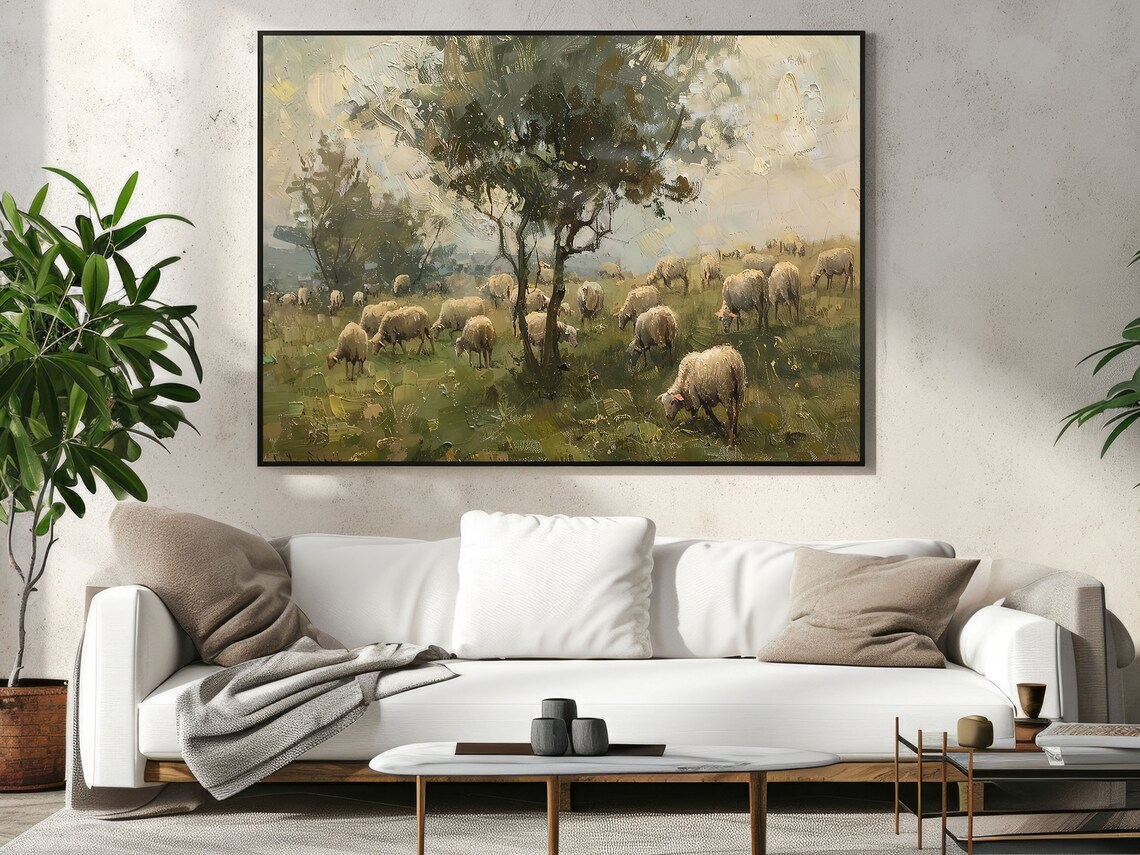 Vintage Sheep in the Field Oil Painting Art Print - Image 4
