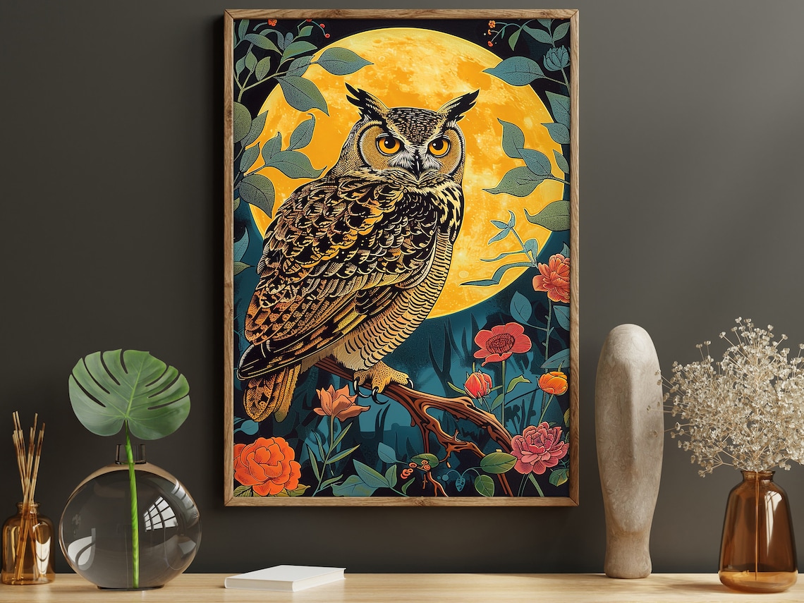 Great Horned Owl Under Golden Full Moon Red Flowers Night Art Poster