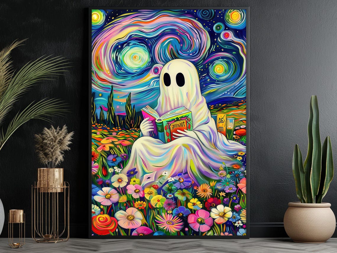 Starry Night Style Ghost Reading Book Among Flowers Colorful Poster